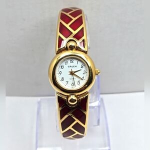 Womens Vintage Gruen Watch Gold Tone Red Enamel Bracelet Quartz New Battery Runs
